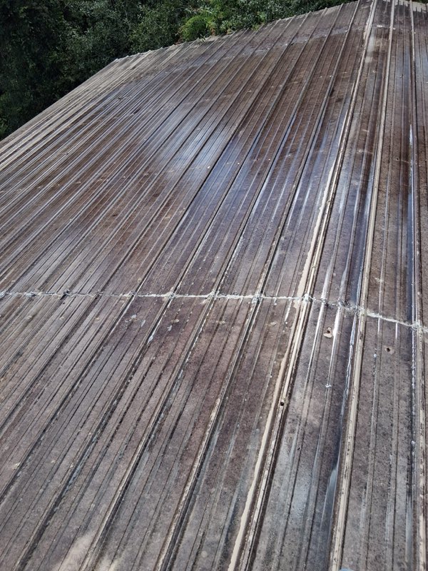 Metal roof covered in algae and staining before washing